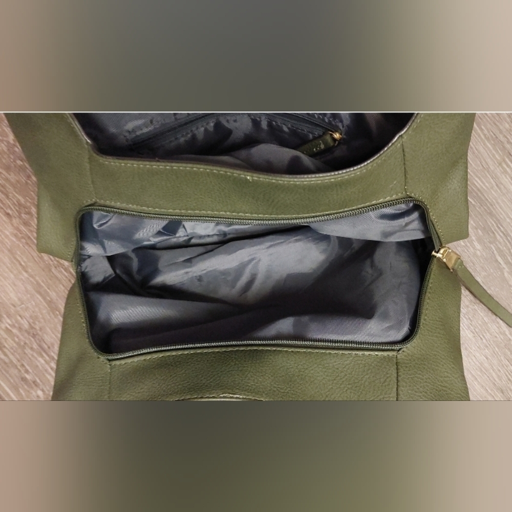 Max Studio Army Green Tote Satchel Gold Hardware and Studs Lots of Deep Pockets - Picture 7 of 12